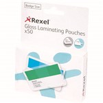 REXEL GLOSS LAMINATING POUCH 180 MICRON BADGE SIZE 67 X 98MM CLEAR PACK 50