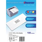 UNISTAT 38931 MULTIPURPOSE LABEL 33UP 70 X 25MM WHITE PACK 100