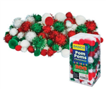 GLITTER CHRISTMAS POM POMS ASSORTED PACK 300